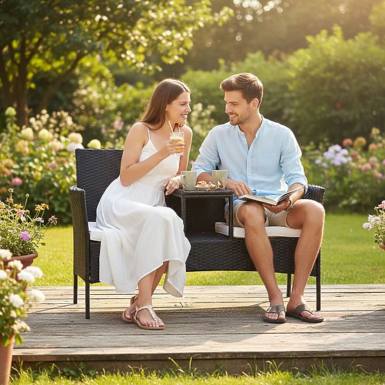 Vrtna klop iz tehnoratana kavč CORDOBA črna z bež blazinami