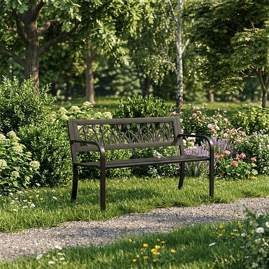 Vrtna klop z dekorativnim naslonom 120x50 cm kovinska parkovna črna MultiGarden