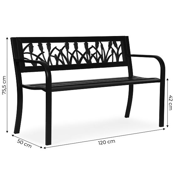 Vrtna klop z dekorativnim naslonom 120x50 cm kovinska parkovna črna MultiGarden