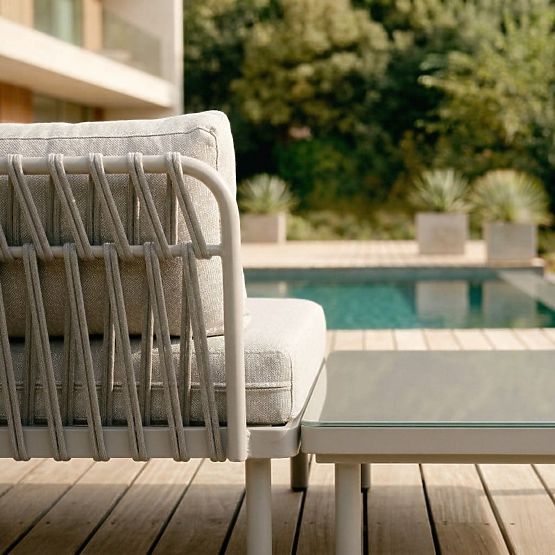 Vrtna kotna sedežna garnitura s stolom Amarello, aluminijasta, pletena, svetlo bež/bež-siva