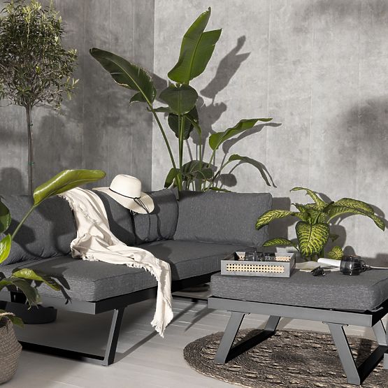 Vrtna kotna sedežna garnitura s stolom Lafoole Lunge, spun-poly, temno siva