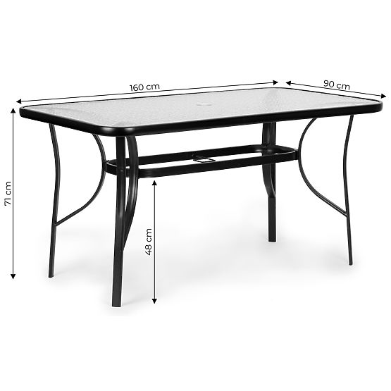 Vrtna miza 160x90 cm kaljeno steklo velika plošča za teraso vrt odprtina za senčnik MultiGarden