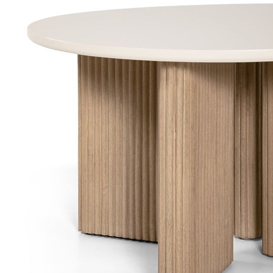 Vrtna miza Komorebi 130 cm s kamnito ploščo, svetel akacijev les/svetlo bež, okrogla, letvice