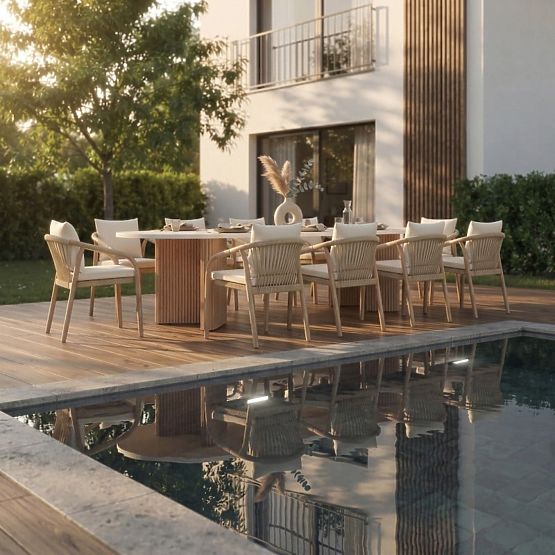 Vrtna miza Komorebi 270 cm s kamnito ploščo, svetel akacijev les/svetlo bež, ovalna, lamele