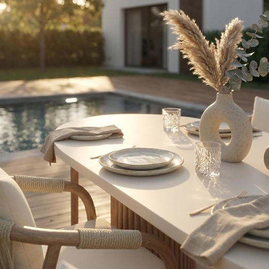 Vrtna miza Komorebi 270 cm s kamnito ploščo, svetel akacijev les/svetlo bež, ovalna, lamele