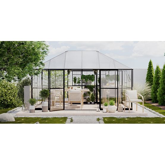 Vrtna oranžerija EcoGlass Gazebo Standard z osnovo 12 m² kaljeno steklo 4 mm, polikarbonat 6 mm