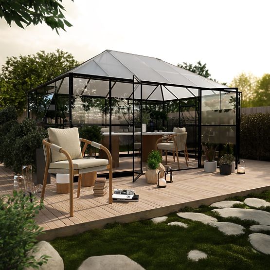 Vrtna oranžerija EcoGlass Gazebo Standard z osnovo 12 m² kaljeno steklo 4 mm, polikarbonat 6 mm