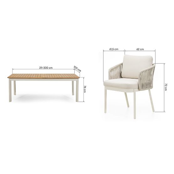 Vrtni set Porticato, raztegljiva miza 211-300 cm + 6 stolov, akacijev les FSC, videz tika