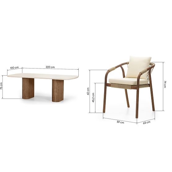 Vrtni set Rovigo miza s kamnito ploščo 220 cm in 4 stoli s pleteno vrvjo, temen les