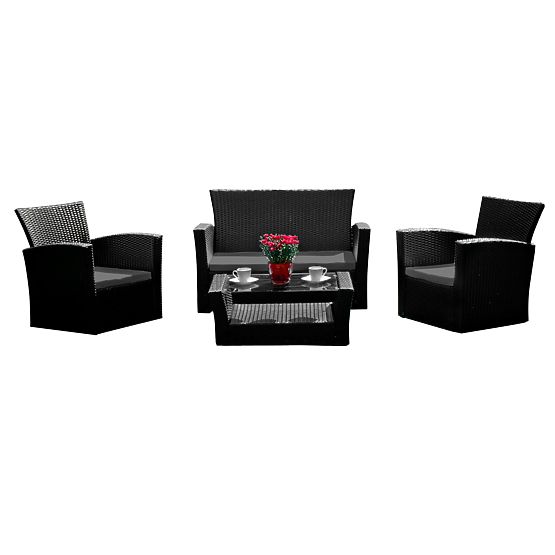 Vrtno pohištvo iz tehnoratana (sofa 123cm, 2 x fotelj + miza) UNICO črno
