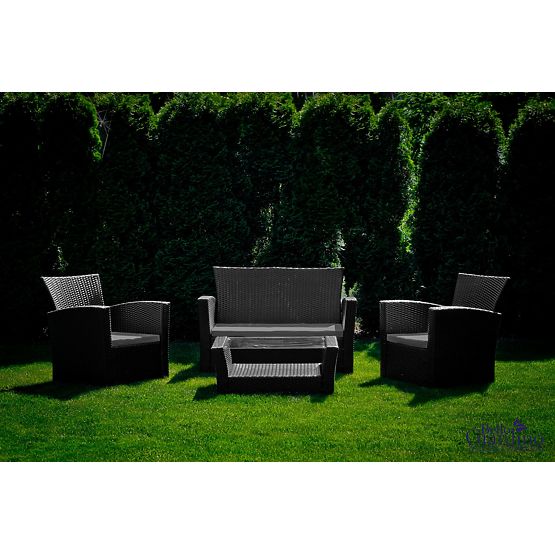 Vrtno pohištvo iz tehnoratana (sofa 123cm, 2 x fotelj + miza) UNICO črno