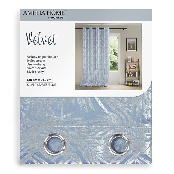 Zaves SILVERLEAVES svetlo modra barva tiskani stil glamour srebrne obročki žamet 140x245 AmeliaH