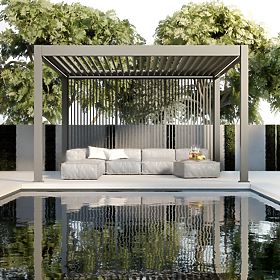 Samostojna vrtna pergola Lumera iz aluminija, 4x4 m, bioklimatska, LED osvetlitev, električna
