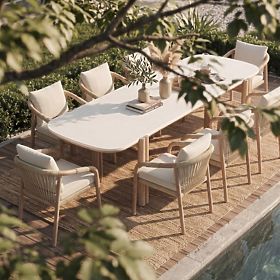 Vrtna miza Komorebi 280 cm s kamnito ploščo, svetlo akacijev les/svetlo bež, pravokotna